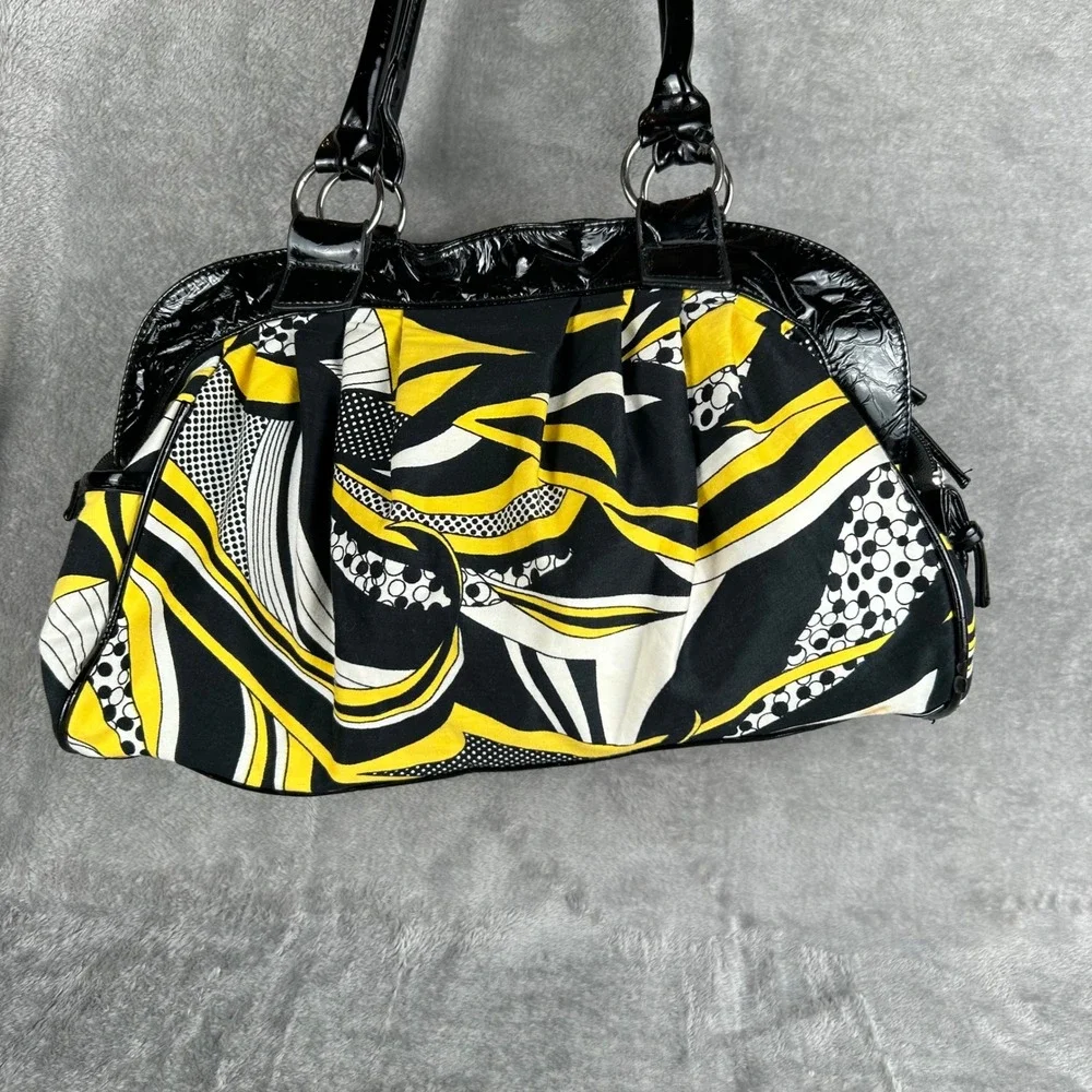 Abstract Print Satchel Handbag Yellow Black White Patent Trim Pleated Bag